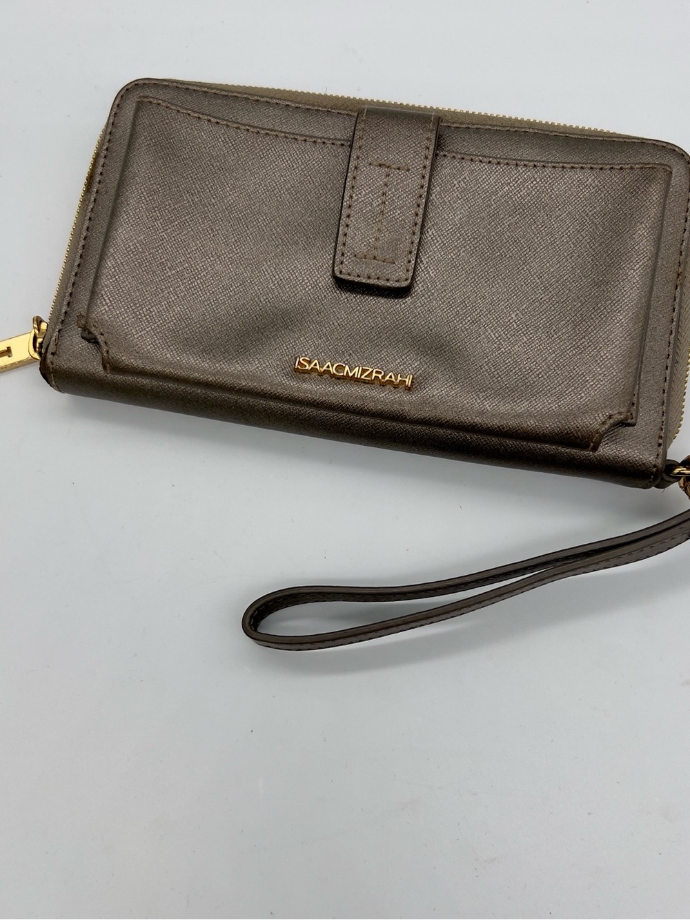 Isaac Mizrahi Metallic gray Wristlet Wallet with Gold Hardware